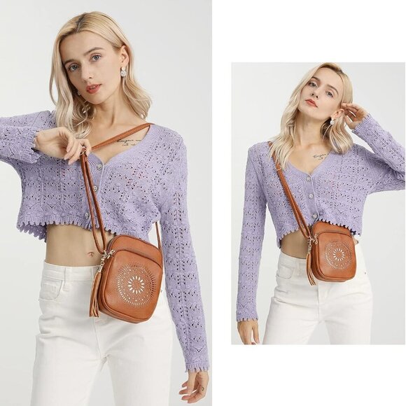 Small Crossbody Bag Faux Leather Boho Style with Tassel and Triple Zips - Picture 7 of 7